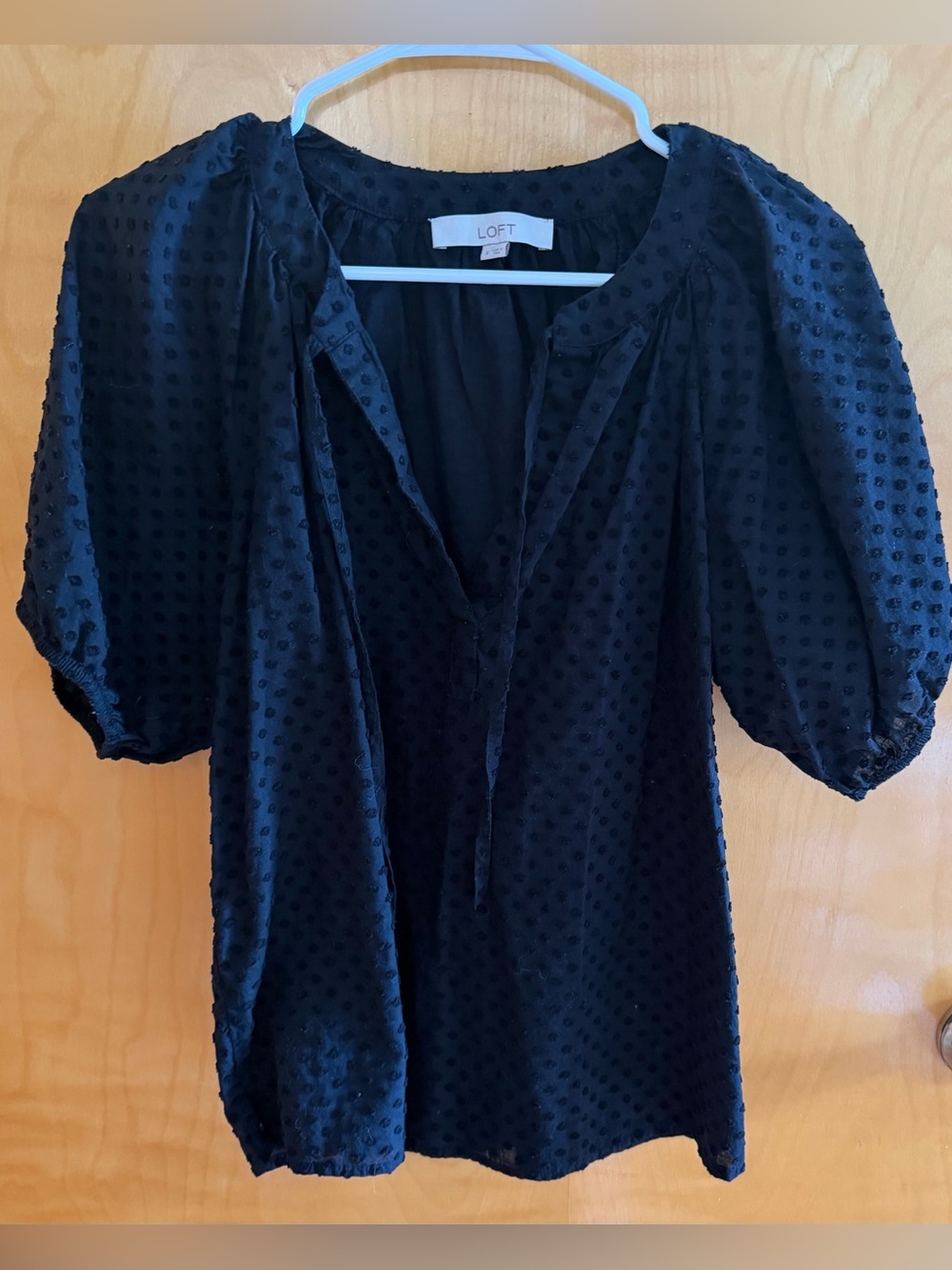 LOFT Black Dotted Puff Sleeve Blouse